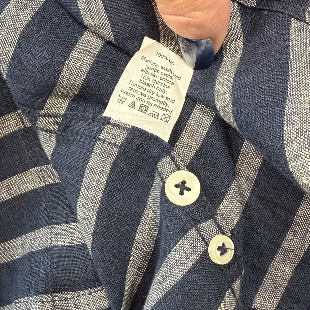J.Crew 100% Linen Button Down Shirt SS Blue Gray Stripe Fisherman Coastal Mens M